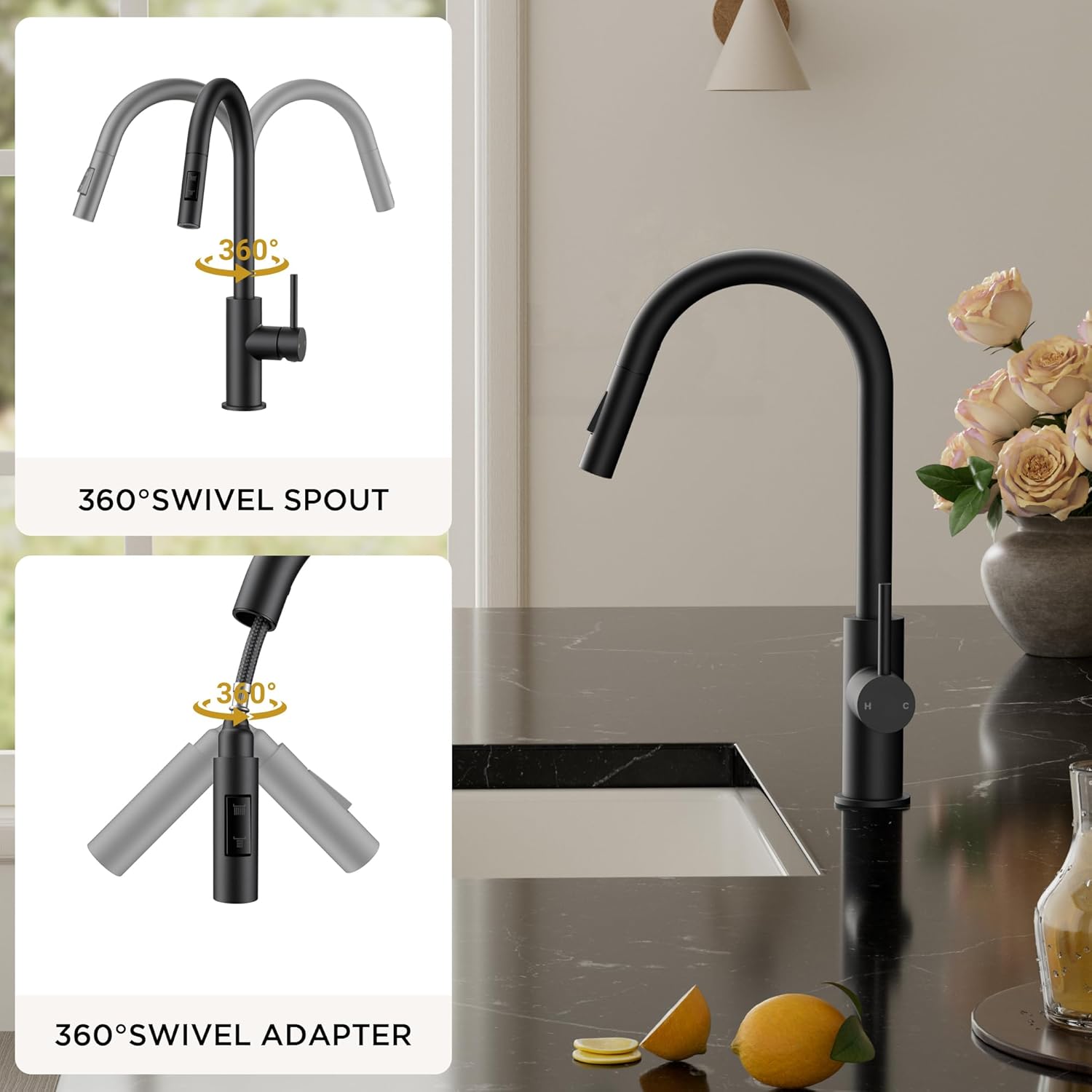 Diagram illustrating the 360-degree swivel functionality of the faucet spout and adapter