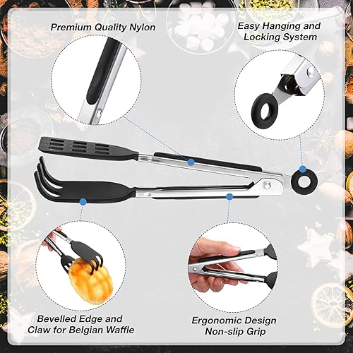Miniatura 3 de Yinkin 2 pinzas para waffle, no se rayan, de 8 pulgadas, con asas antideslizantes de acero inoxidable, cabezales de nailon resistentes al calor y