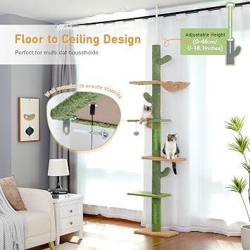 PAWZ Road Cactus Cat Tree Floor to Ceiling 5-Tier Cat Tower for Indoor Cats