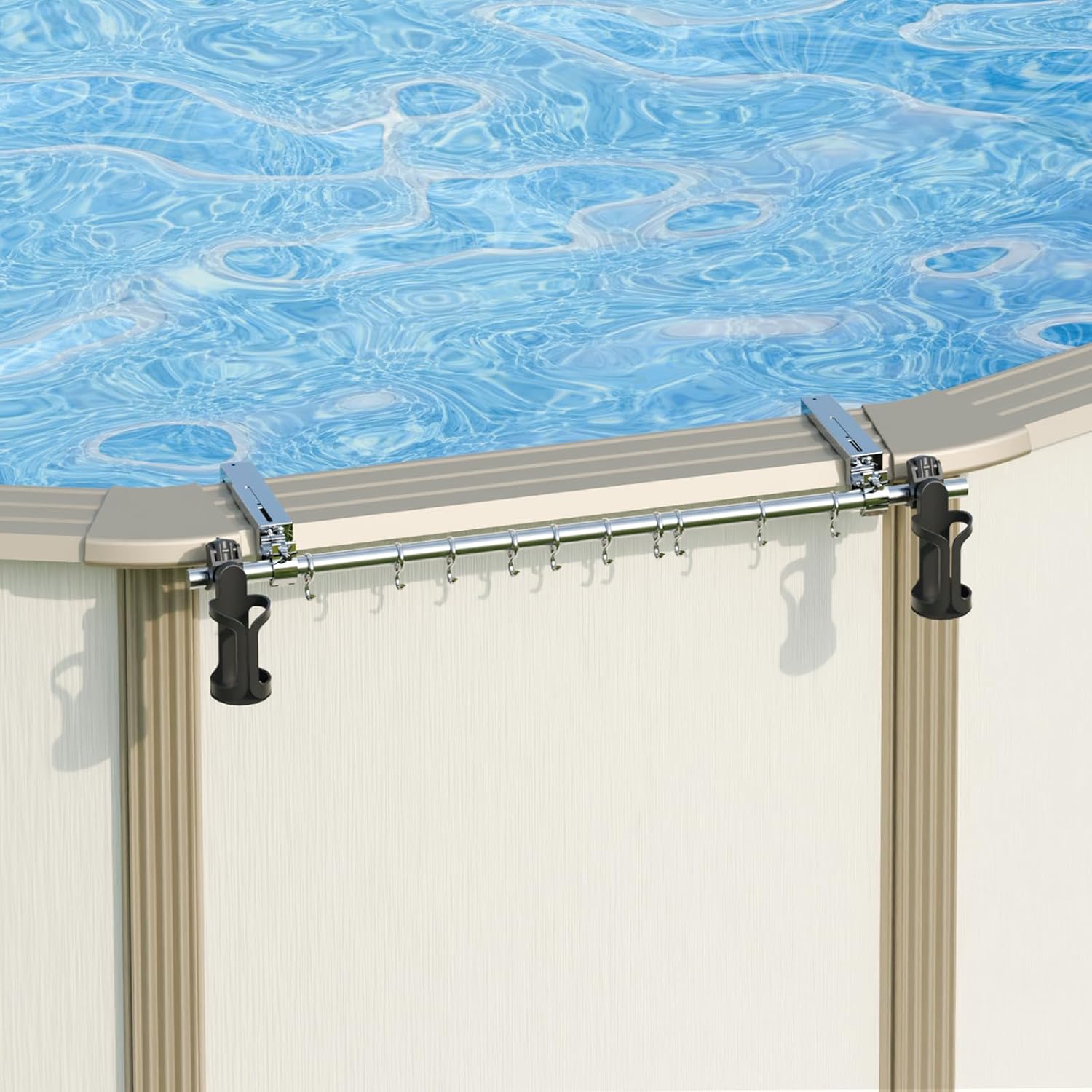 ECOPOOLTECH Poolside Pole Hanger, 2 Cup Holders & 10 Pcs Hook for Steel Wall Above Ground Pool, Fits 3.9-8.6” Top Rails, Outdoor Swimming Pool Accessories