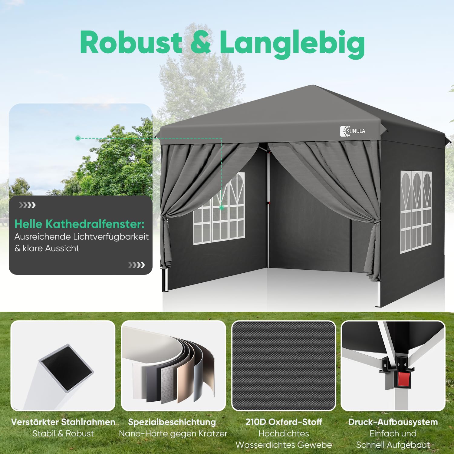 Sunula Pavillon 3x3 Wasserdicht Stabil Winterfest mit 4 Seitenwänden - 2026 Version, Faltpavillon 3x3m mit Verdickten Röhren, Partyzelt Gartenpavillon Faltzelt (Grau)