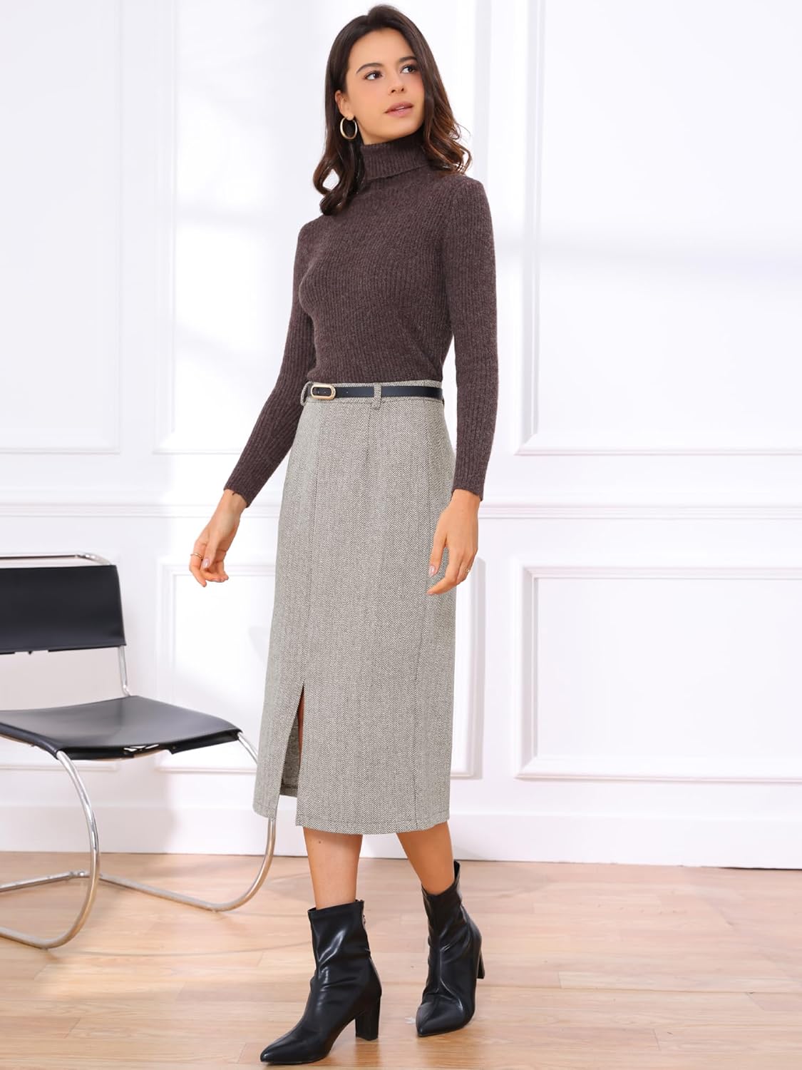 Allegra K Midi Pencil Skirt for Women Fall Winter High Waisted Slit Office Work Skirts with Belt - Image 4