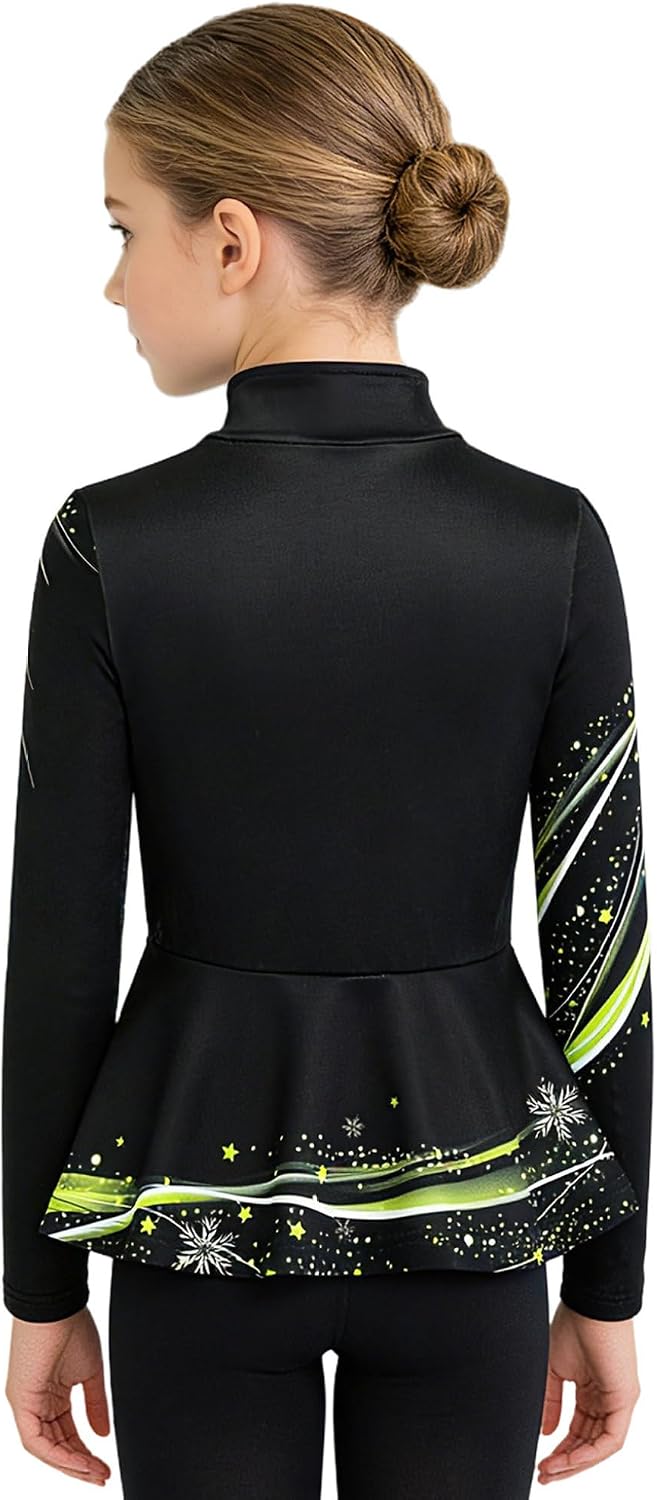 Mufeng Kids Girls Full Zip Skating Peplum Coat Ice Skating Training Clothes Fleece Gym Yoga Sweatshirt Outerwear