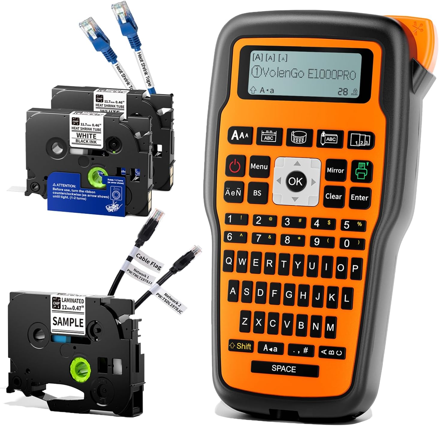 E1000 Heat Shrink Label Maker Machine with Tapes, Wire Cable Label Maker Waterproof Labels, 1-Pack Laminated Tape & 2-Pack Heat Shrink Tube Tapes - 0.46'' 12mm Black on White