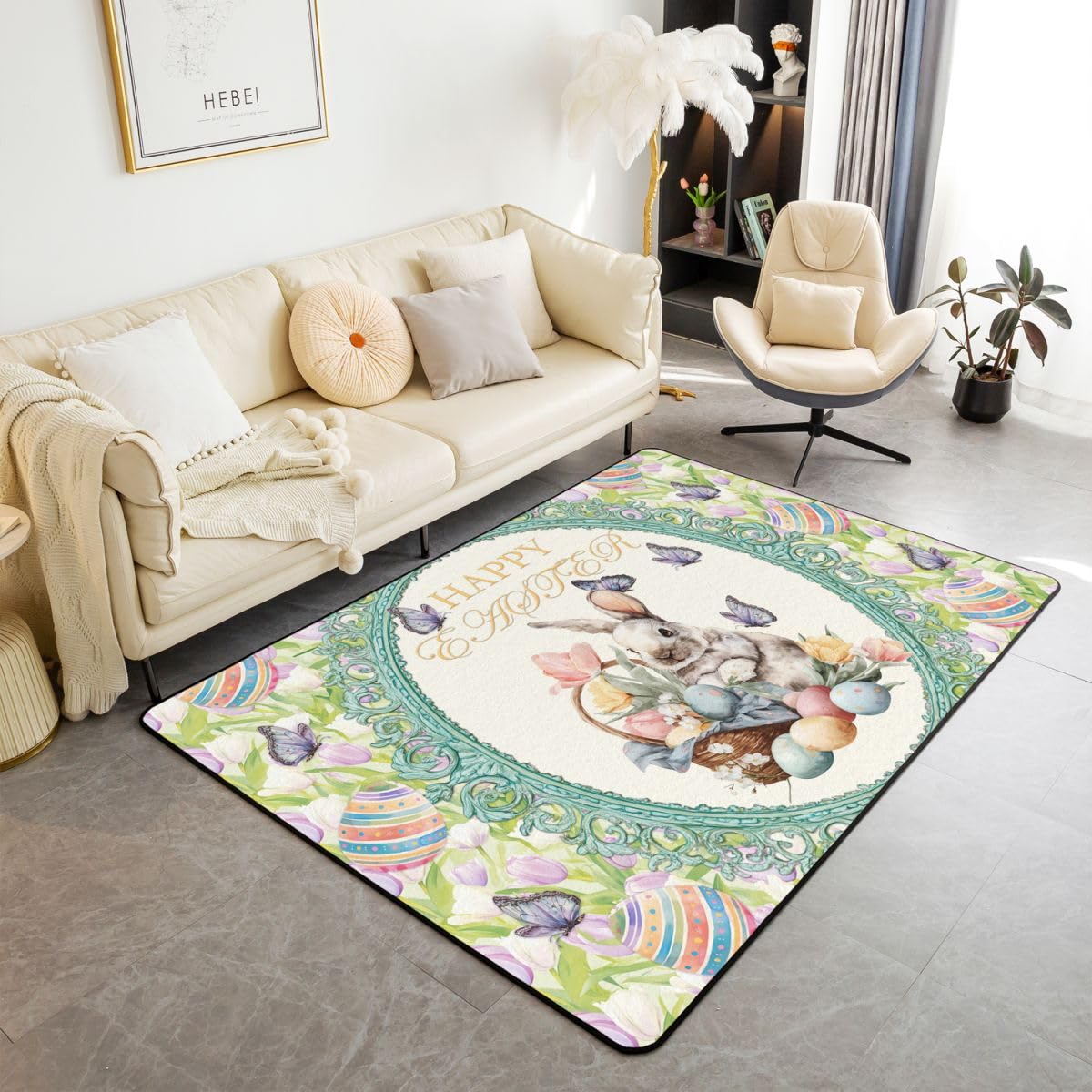 Feliz Pascua Sala de Estar Alfombra 150 x 200 cm Lindo Conejo Huevos Estampado Alfombra para Niños Niñas Acuarela Flores Tulipanes Mariposa Alfombra de Piso Decoración del Hogar