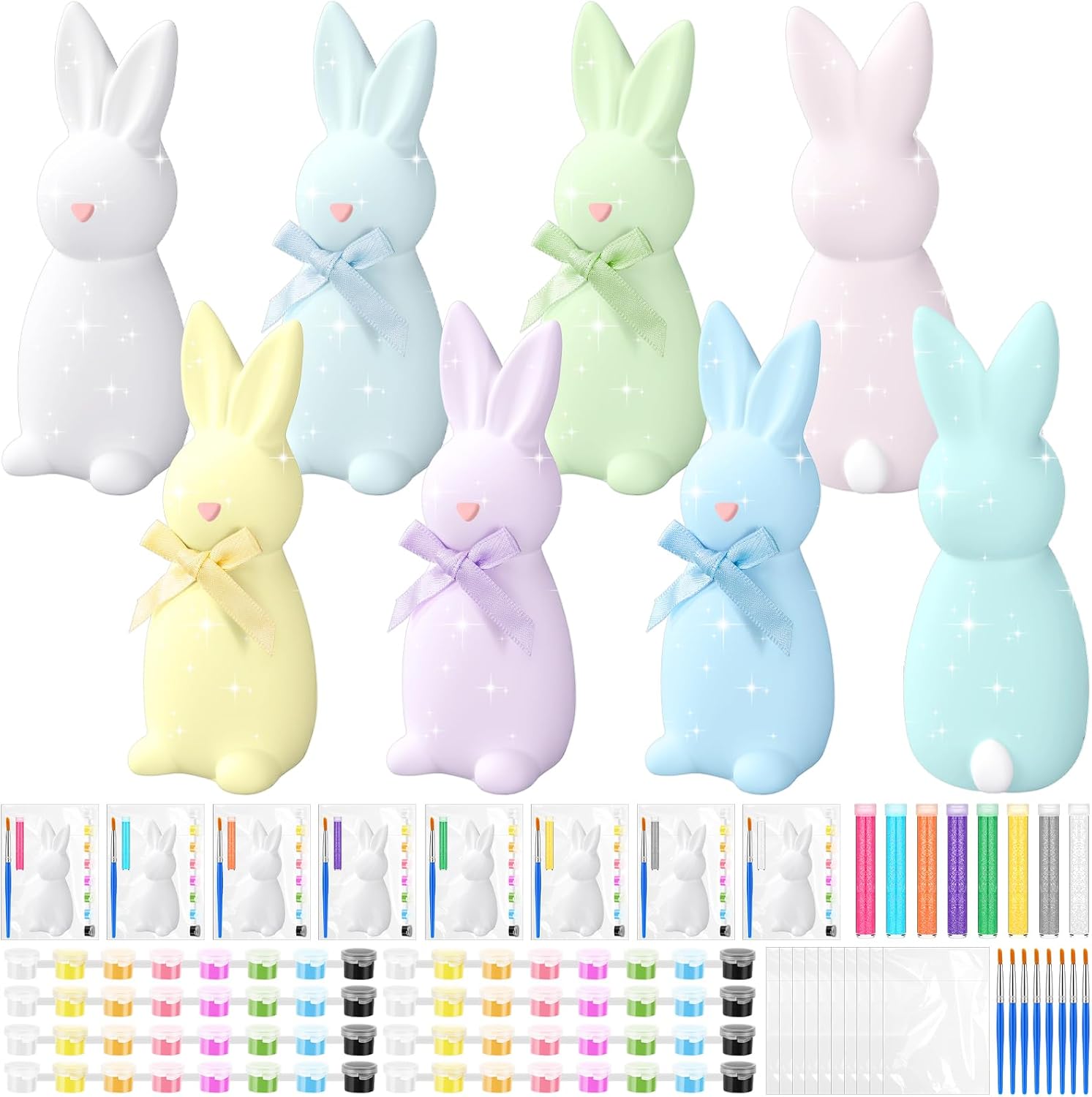 Foilswirl 8 Set Easter Bunny Ceramic to Paint Kits Ready to Paint Your Own Easter Rabbit Statues with Brushes Acrylic Paints Bags DIY Unpainted Ceramics Crafts for Kids Adults(Novely Style)