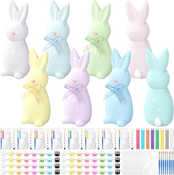 Foilswirl 8 Set Easter Bunny Ceramic to Paint Kits Ready to Paint Your Own Easter Rabbit Statues with Brushes Acrylic Paints Bags DIY Unpainted Ceramics Crafts for Kids AdultsBow Style