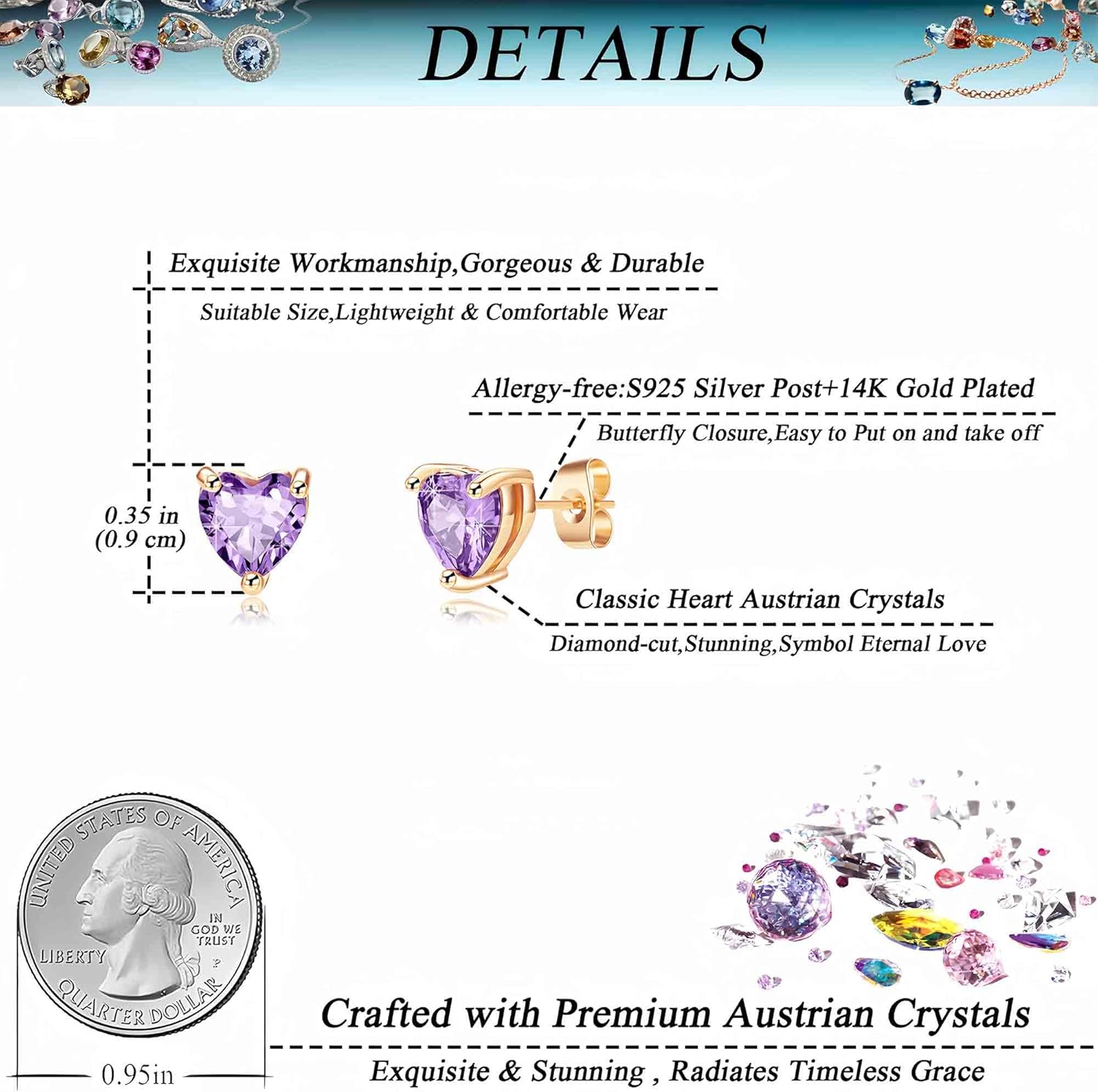 Heart Austrian Crystal Stud Earrings for Women Fashion 925 Sterling Silver Hypoallergenic Jewelry - Image 4