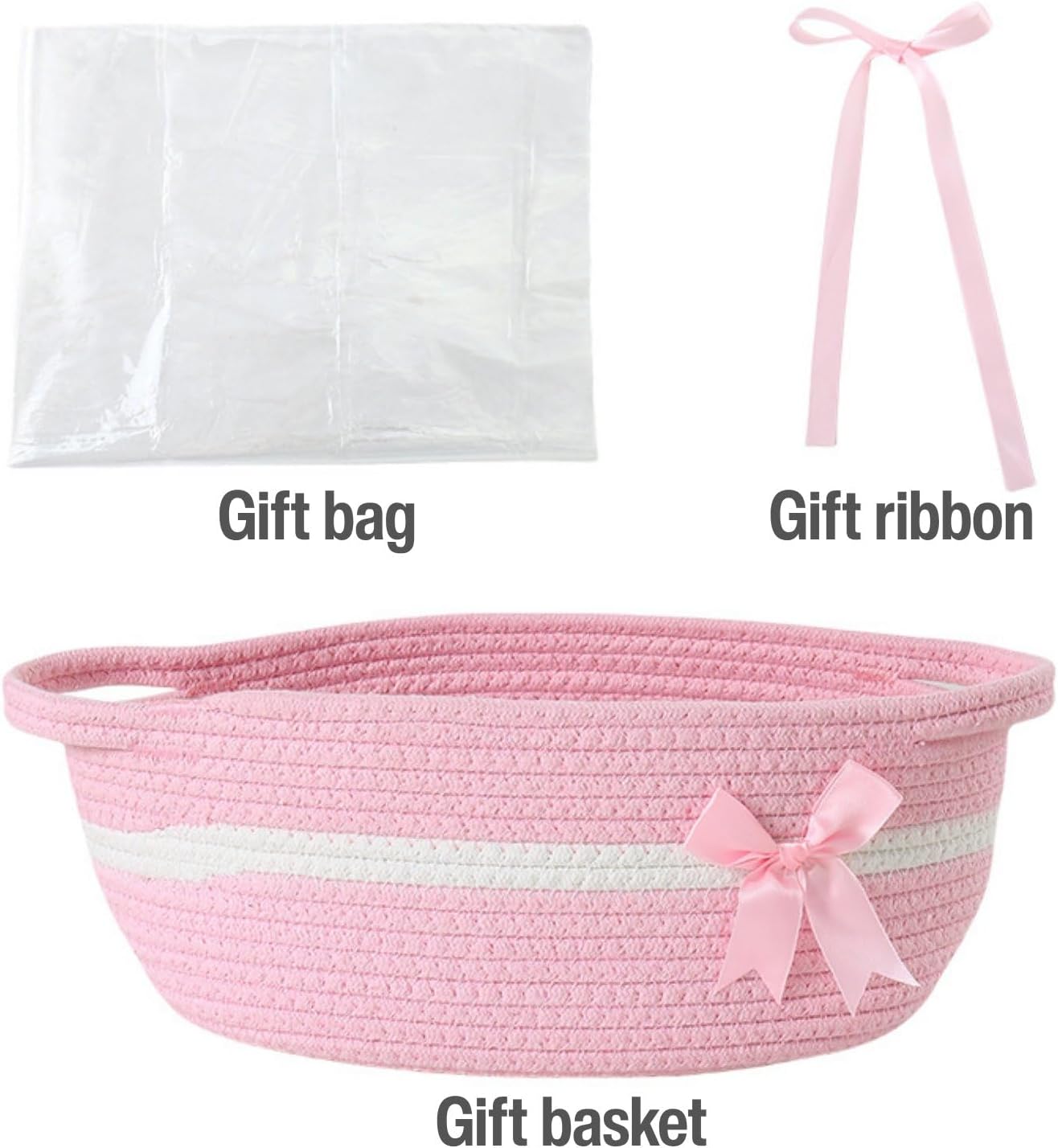 PandaEar 2 Pack Small Woven Basket, Empty Woven Cotton Rope Gift Basket for Baby Shower, Holiday, Birthday, Reusable Storage Organizer Gift Wrapping Kit, 11.8"x 8"x 4.7", Red & Pink