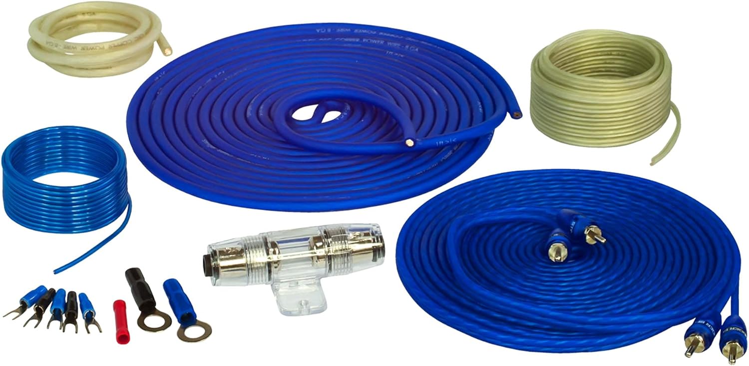 Stinger SS600XS Wiring Kit components including power wire, ground wire, RCA cables, speaker wire, and fuse holder