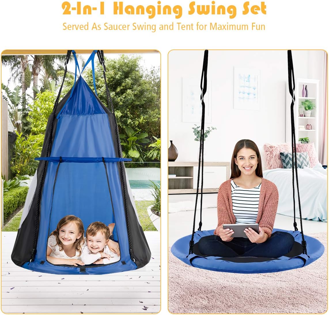 HONEY JOY Kids Hanging Chair Swing Tent, 2-in-1 40 Inch Hammock Tree Swing Seat & Detachable Play Tent, Max Capacity 330 LBS, Outdoor Indoor Nest Pod Swing Play House for Boys/Girls (Blue)