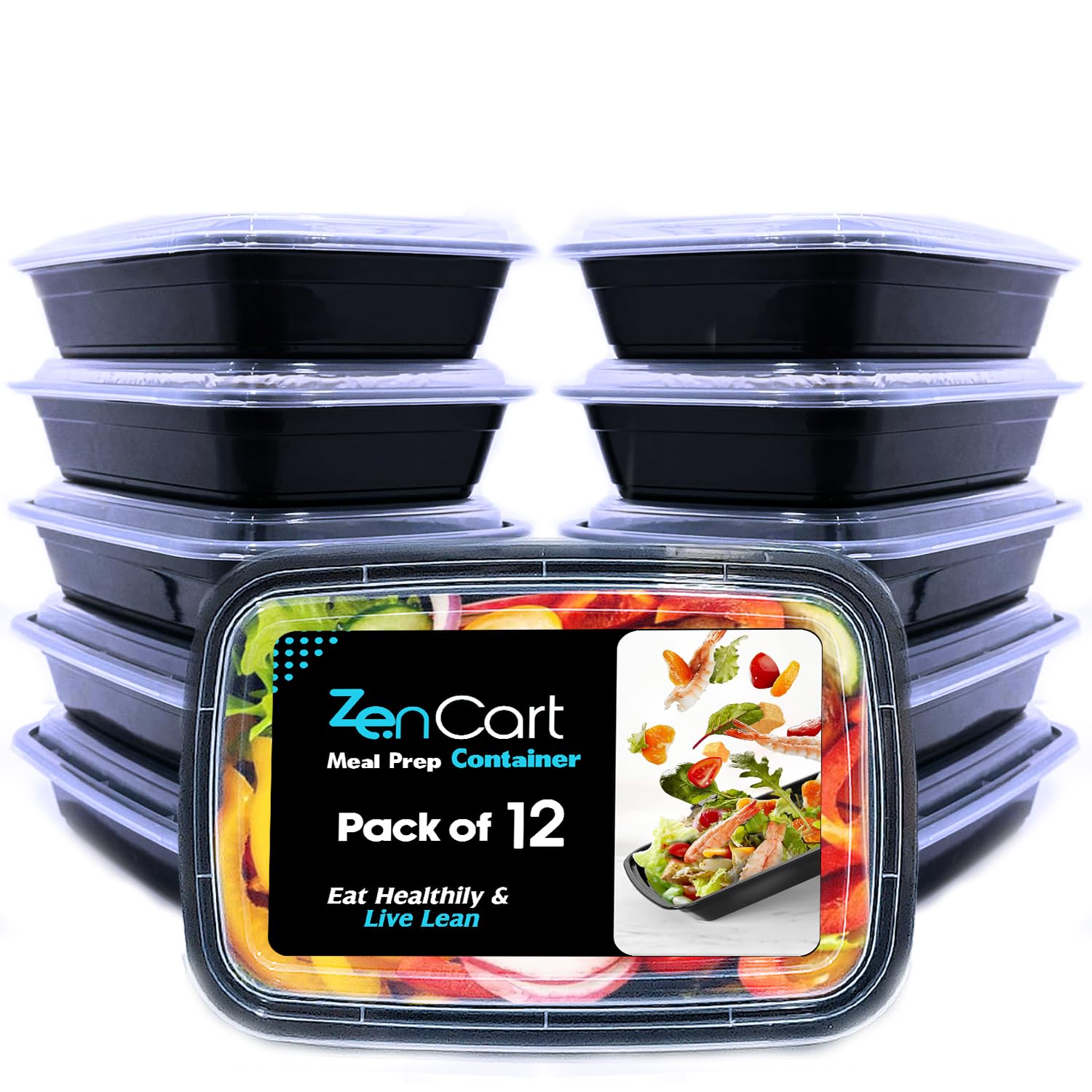 Zencart Black 12 Pack Meal Prep Containers Reusable, Bpa Free Food Prep Containers With Lids For Freezer Storage- Microwavable, Freezable & Dishwashers Safe - Stackable Storage Lunch Boxes (800Ml/28 Oz)