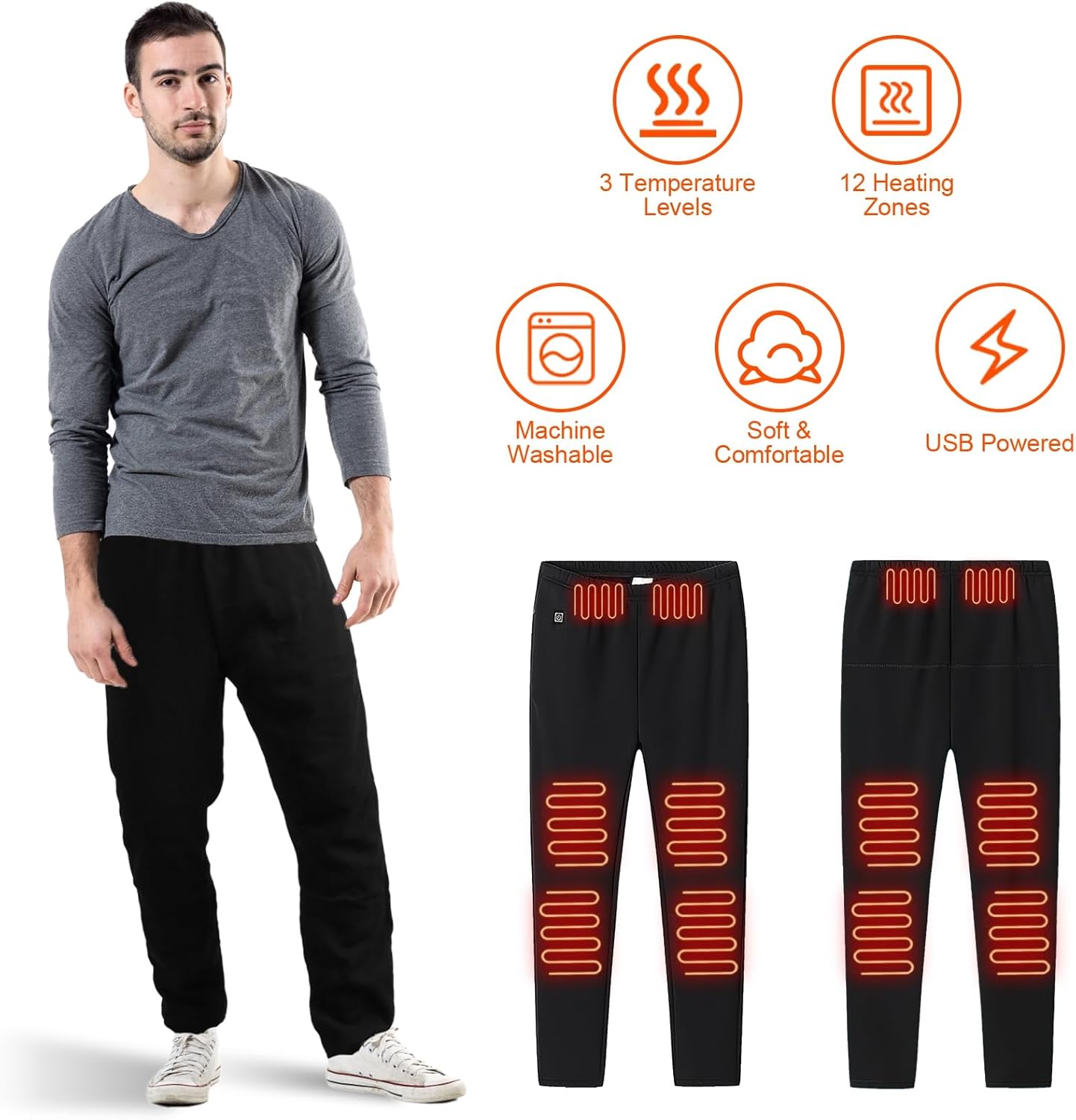 KOCASO Unisex Heated Pants for Men and Women - 12 Heating Zones 5V USB Powered 3 Temperature Levels