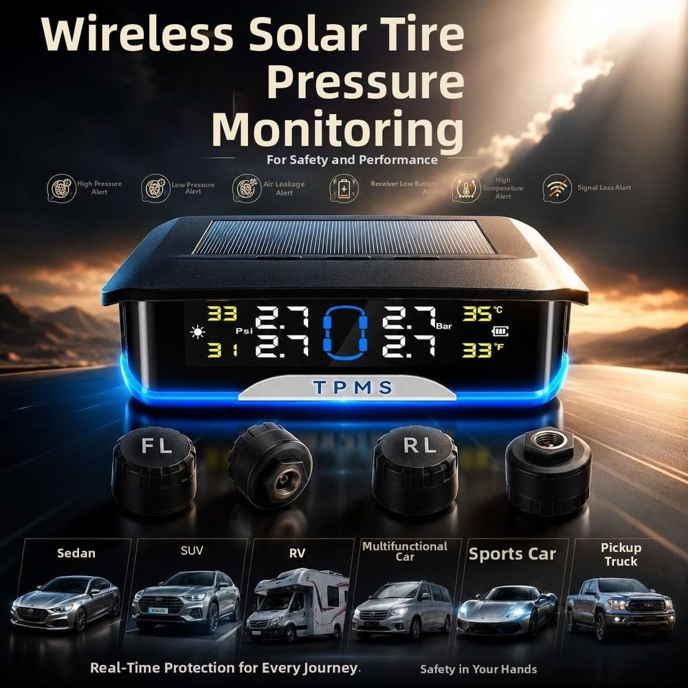 Monitor Presión Neumáticos Solar para tpms Inalámbrico Coche(Built-in)
