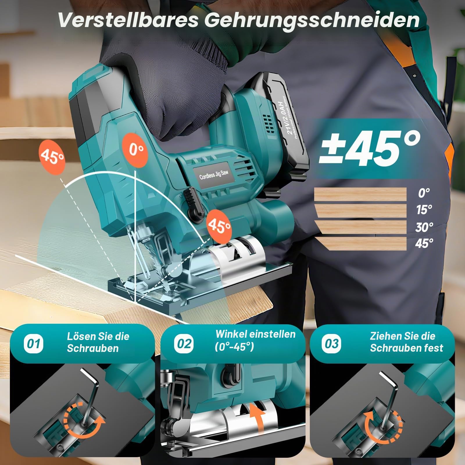 Akku Stichsäge Kompatibel mit Makita 18V Batterie, Elektro Stichsägen für ±45°Gehrungsschnitt 2900RPM mit 3 Pendelhub Einstellungen, 6 Sägeblätter für Holz/Metall/PVC, 2×2.0Ah Akkus