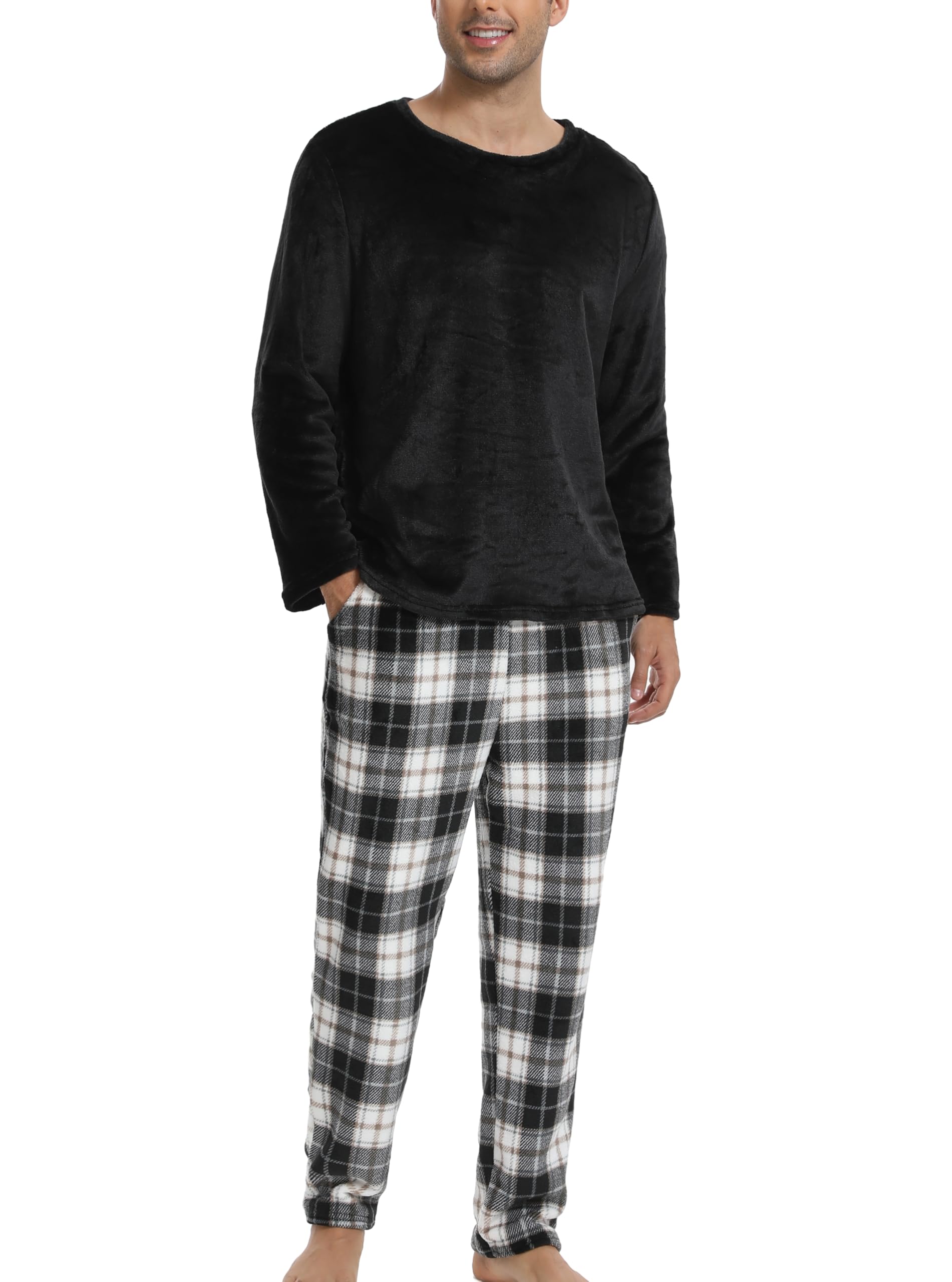 Pyjama Polaire Homme Velours Ensemble Thermique Hiver Chaud Hauts de Pyjama Manches Longues Col Rond Vêtements d'Intérieur Plaid Carreaux Vêtements de Nuit Grande Taille Douce Confortable M-3XL
