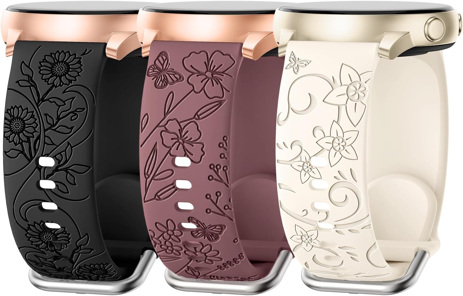 3 Pack Flower Engraved Bands Compatible with Samsung Galaxy Watch 7 6 5 4 FE Active 2 40mm 44mm,Watch 6 4 Classic 42mm 43mm 46mm 47mm,5 Pro 45mm,Watch 3 41mm,20mm Women Silicone Replacement Sport Band