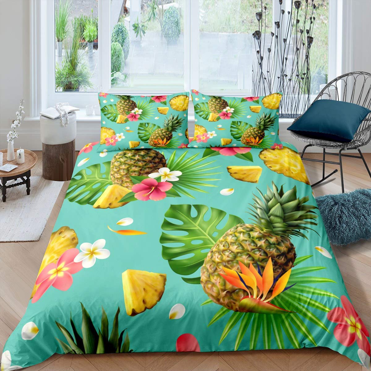 Housse de couette double ananas et fleurs pour lit d'été