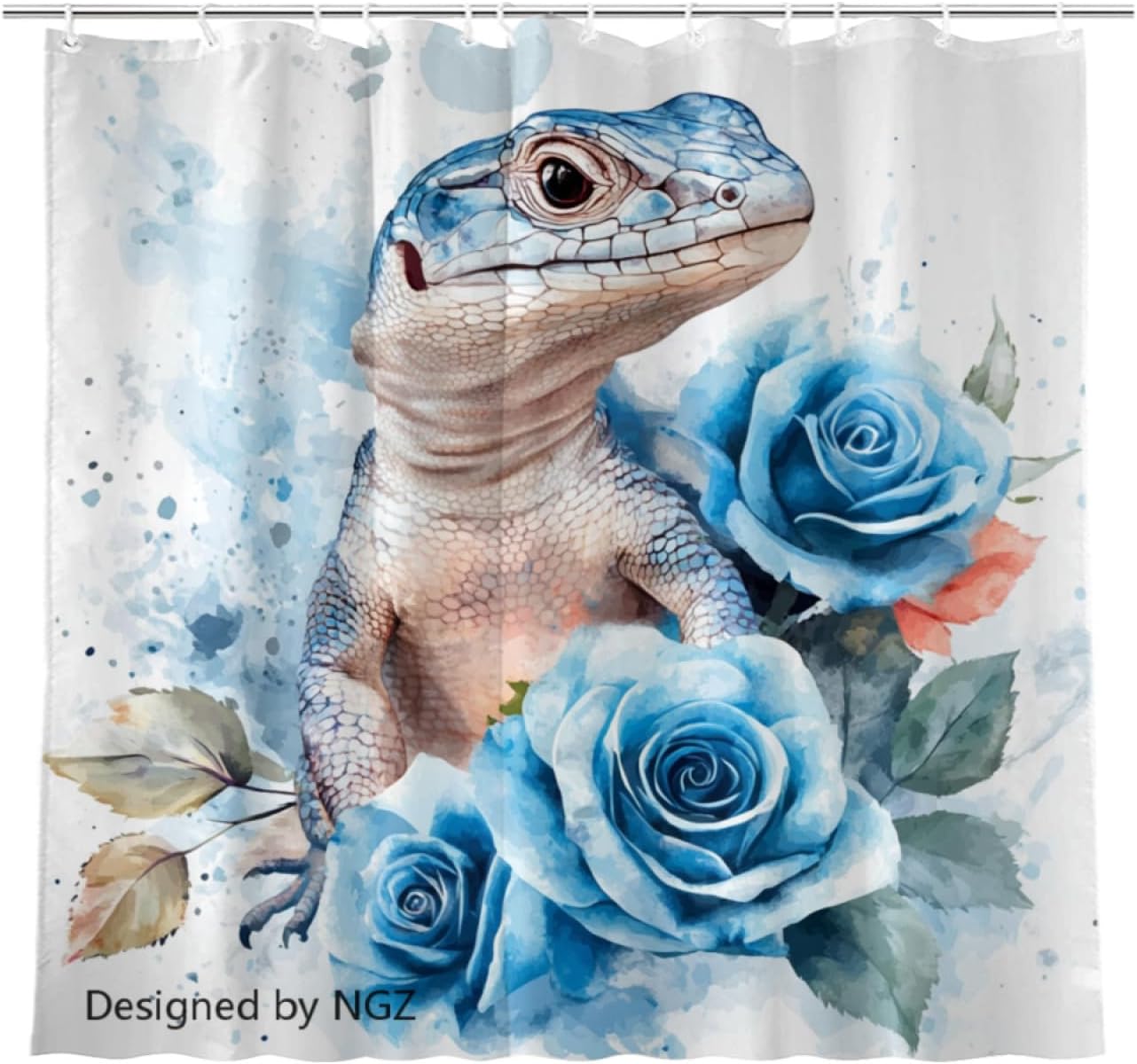 NGZ Valentine Floral Shower Curtain for Decoration, Pig with Blue Rose, 72x72 Inch, Fabric, with 12 Hooks