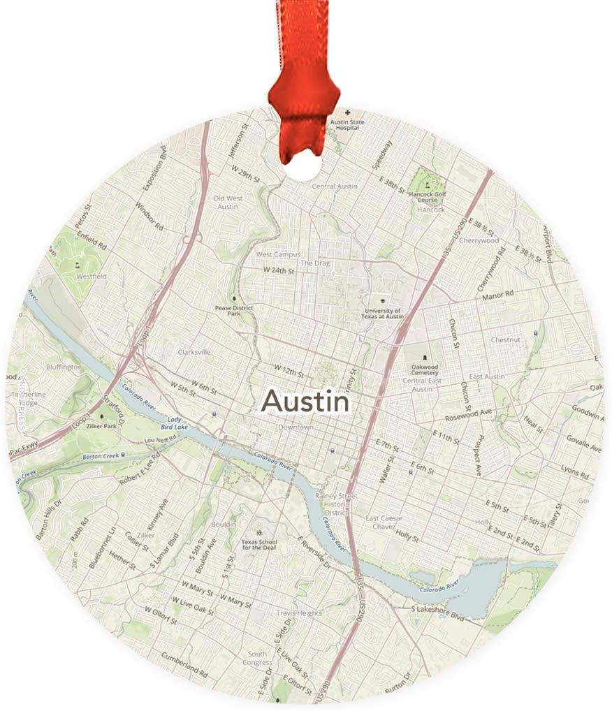Andaz Press U.S. City Map Round Metal Christmas Ornament Gift, Austin, Texas Vintage Map, 1-Pack, Long Distance College Going Away Study Abroad Birthday