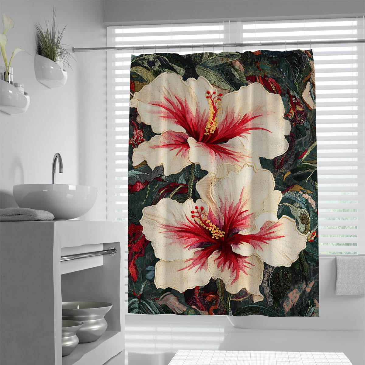 UIRINGART Modern Hibiscus Floral Shower Curtain W180xL180cm Big Red White Tropical Leaf Mildew Resistant Water Repellent Shower Screen With Hooks