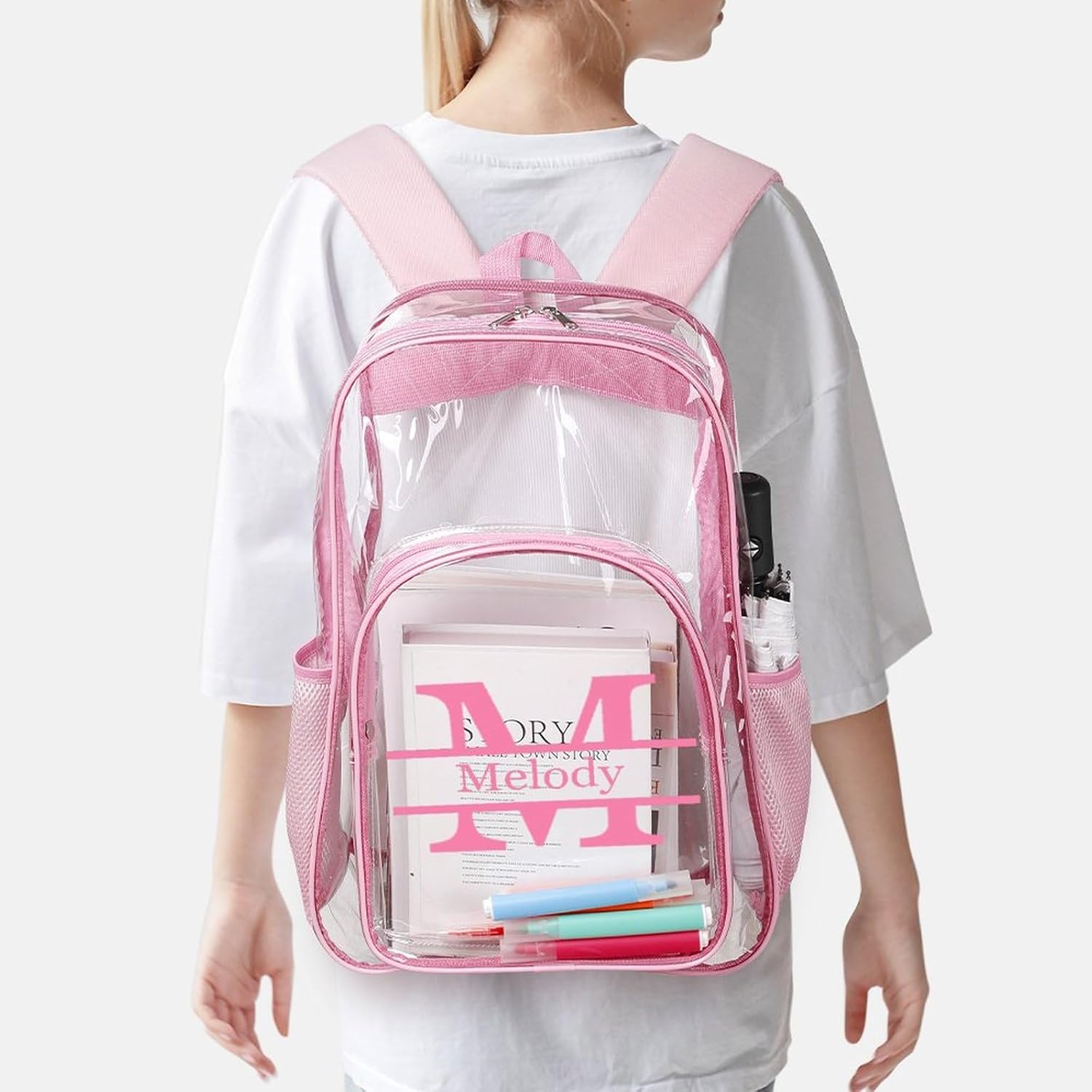 Personalized Letter Monogrammed Clear Backpack PVC See Through Transparent Backpack for Girls Women with Name Reinforced Strap & Large Capacity Back to School Gifts - Clear/Pink
