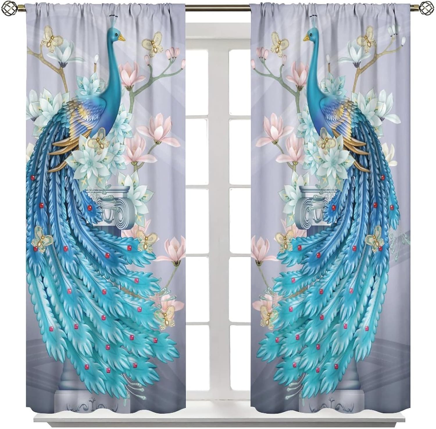 Blue Peacock Curtains, Elegant Peacock Feather Blackout Luxurious Curtain Panel for Living Room Peacock Decorations for Home, Floral Print Peacock Home Decoration Window Treatment 2 Panel, 42x54 Inch
