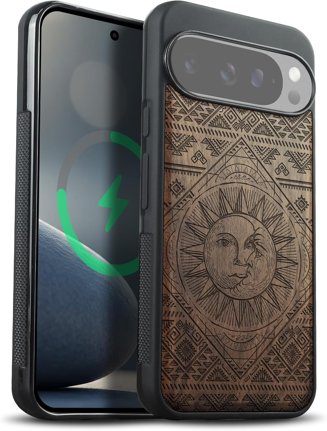 Carveit Magnetic Wooden Case for Google Pixel 10 / Pixel 10 Pro Case, Wood Artisan Engraved & Soft TPU Shockproof Cover, Compatible with MagSafe Wireless Chargers (Norse Resonance - Mjollnir) Walnut