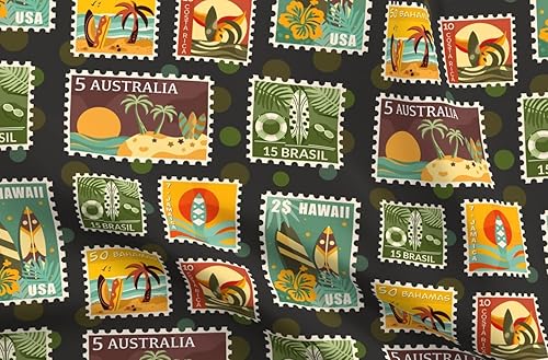 Spoonflower Tela Colección Surfing World de escala media retro de verano con ondas de playa impresas en tela de gasa, ropa de costura, vestidos de