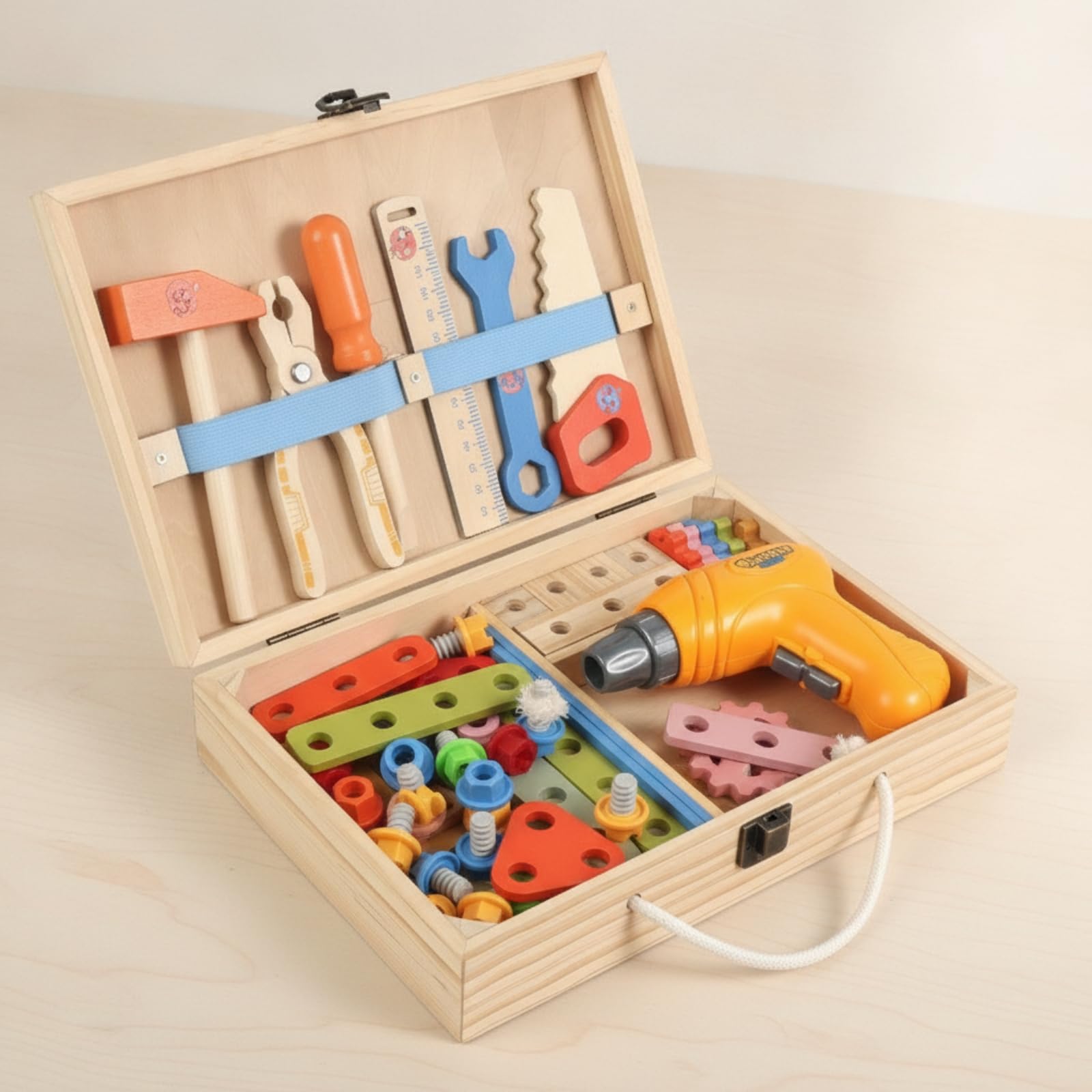 rockible Cassetta Degli Attrezzi per Bambini Kit Costruzione Ingranaggi Dadi Bulloni Martello Avvitatore Giocattolo in Legno E Plastica con Scomparti Ordinati