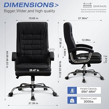 Executive Office Chair Adjustable Leather Chair, High Back Swivel Office Desk Chair with Padded, Armrest 350lbs Load-Bearing Spring Seat Computer Desk Chair for Home Office, Black