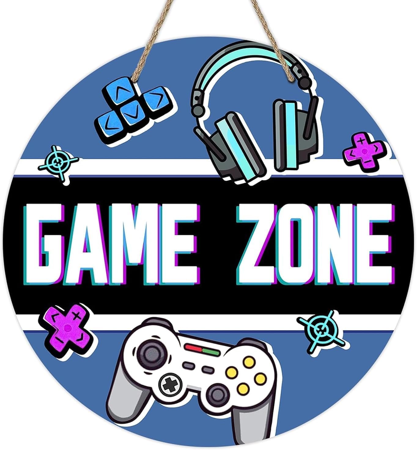 Game Zone Front Door Sign Video Gaming Controller Wood Door Hanger Game Room Boy Bedroom Decor Wooden Wreath Indoor Wall Hanging Playroom Decoration for Kids Teen Adults Gamer Lovers Round 8x8 inch