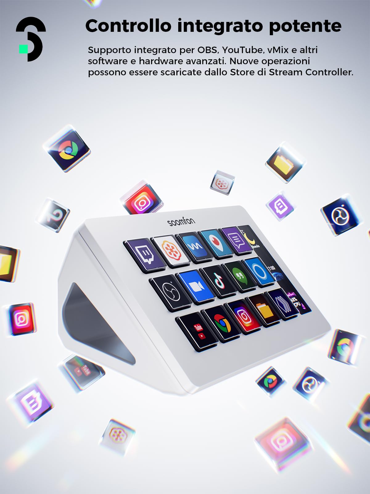 SOOMFON Stream Controller Deck Bianco, Aggiornata con 15 Macro Pulsanti LCD Personalizzabili per Attivare Azioni in OBS, Twitch, YouTube, per Live-Streaming, Editing di Foto e Video