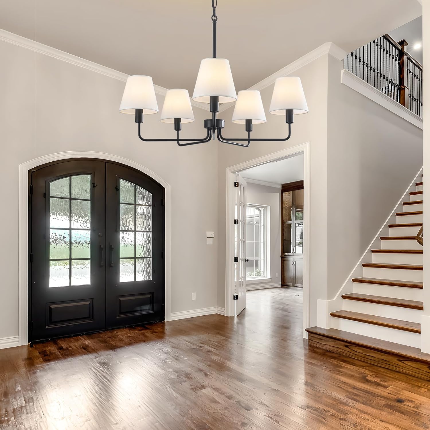 29.52" Black Farmhouse Chandelier with Fabric Shade, 5-Arm Vintage Modern Dining Room Light Fixture, Kitchen Island Pendant Hanging Foyer Light Fixture for Entryway Hallway Living Room Over Table