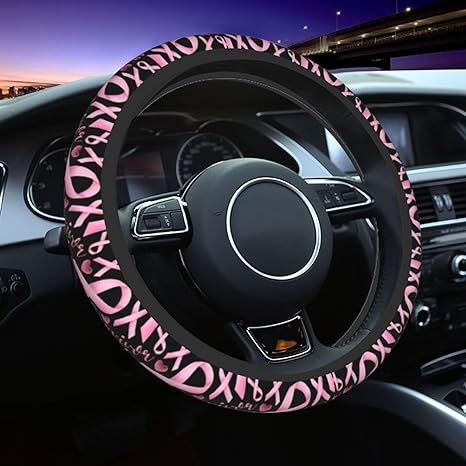Pink Ribbon Car Steering Wheel Cover, Breast Cancer Survivor Awareness Universal 15 Inch Soft Elastic Comfortable Floral Steering Wheel Protector Cool in Summer Car Accessories Decorations for Women