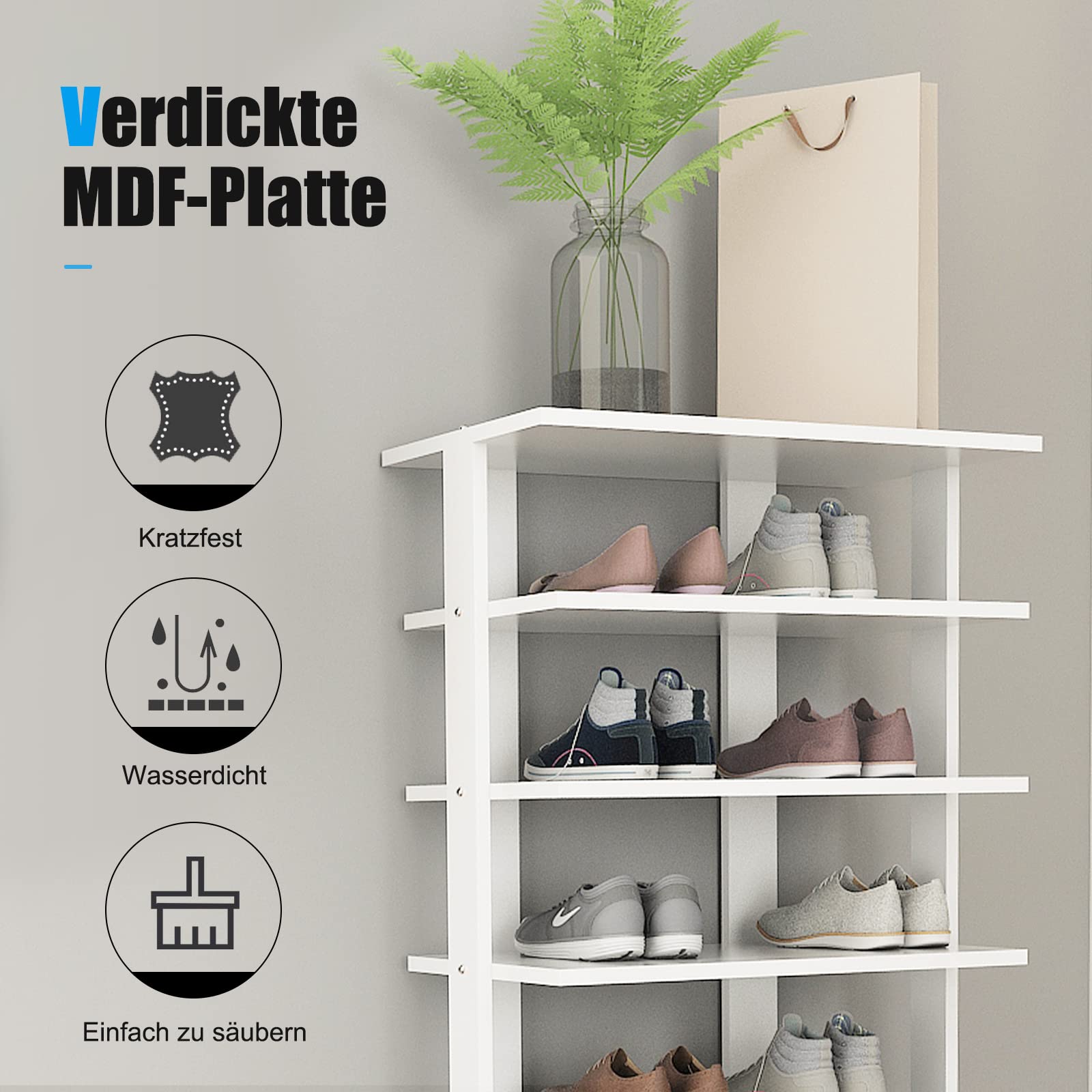 COSTWAY 8 stufiger Schuhständer höhenverstellbar, Platzsparendes Schuhregal aus Holz, Schuh-Organizer vertikal, Freistehender Eckregal für Eingang, Flur (Weiß, Doppel)