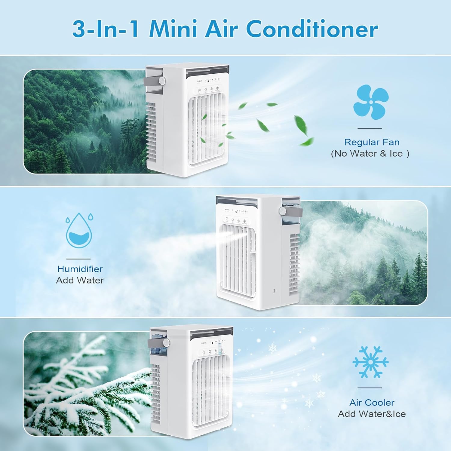 Portable Air Conditioners, 4-Speed Mini Air Conditioner, 3-in-1 Personal Cooling Fan, Small AC Unit With 1000ml Water Tank, 2/4/6H Timer, USB Powered (5V 2A Adapter Included) for Bedroom Office Desk