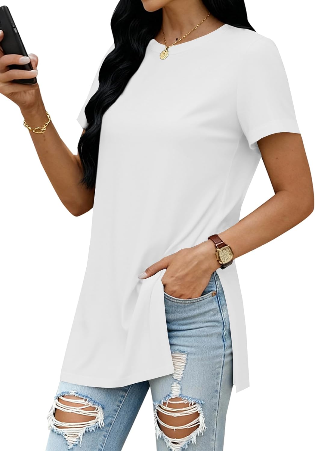 Remidoo Side Slit Tees for Women Tunic Tops Crewneck Long T Shirt Loose Fit Short Sleeve Tee - Image 3