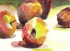 Five Apples Archival Print of Watercolor Still Life 7 x 9 Inches