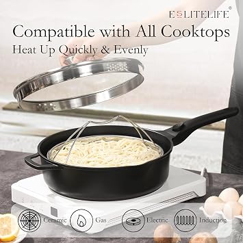 ESLITE LIFE Nonstick Always Pan with Lid, 11 Inch(4.5 Qt) Deep Frying Skillet Saute Pan, Safe for Oven, Induction & All Cooktops, PTFE & PFOA Free (Black Granite, 11 w/Lid & Steamer)