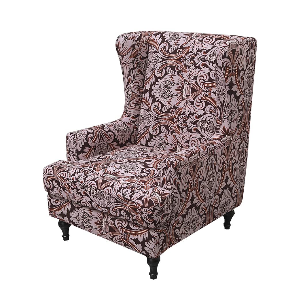 Highdi Red-Brown Luxury Wingback Armchair Chair Covers, Classic Baroque Pattern Stretch Wing Chair Slipcover, Spandex Sofa Cover Chairs Furniture Protector For Living Room Bedroom Hotel (Red-Brown)