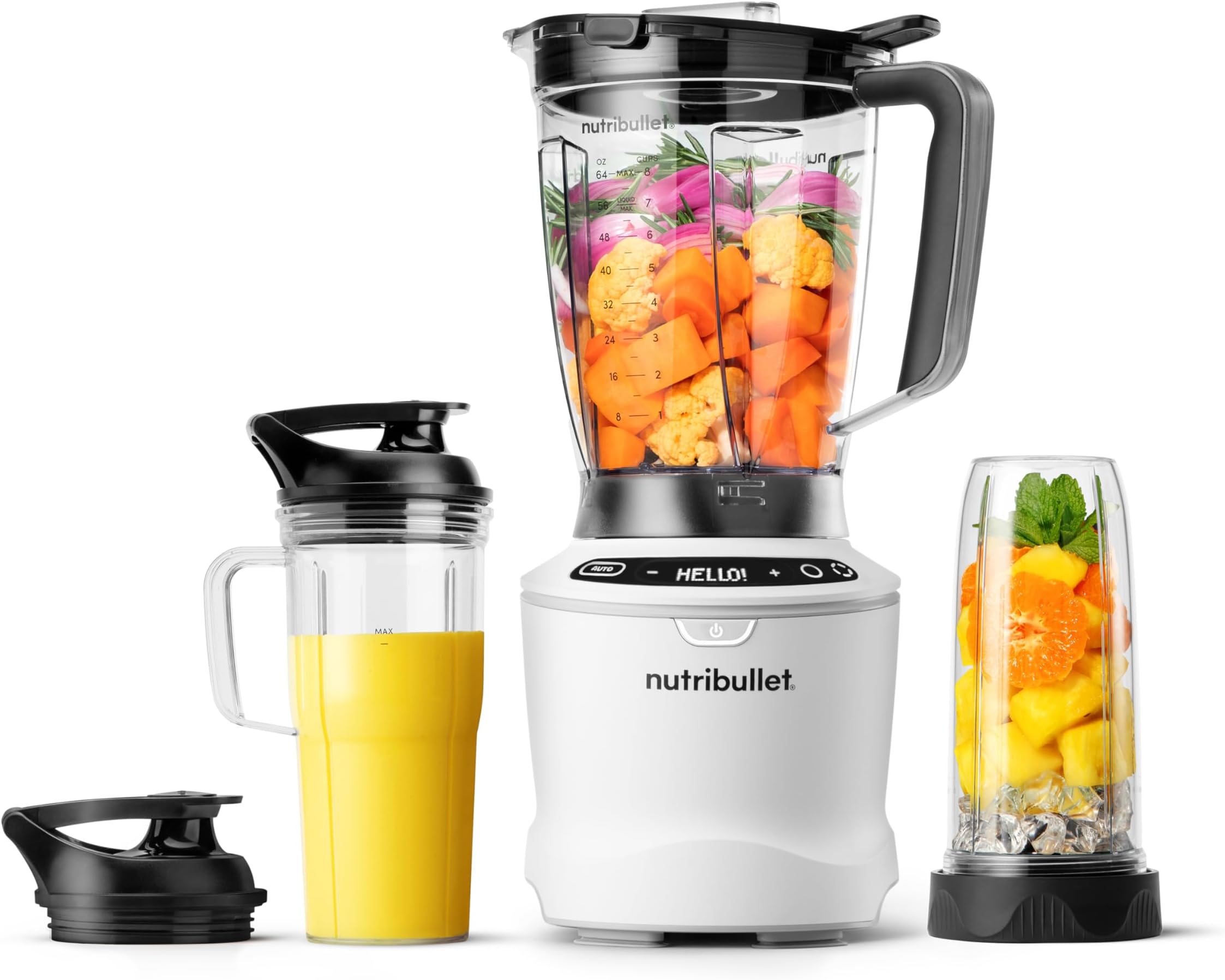 SmartSense Blender Combo, 1400W, 64oz Pitcher, 32oz & 24oz Cups, 5-Speed, Smoothies, Ice and Frozen Fruit, Nut Milk, Soup, Matte White, NBF50700AW