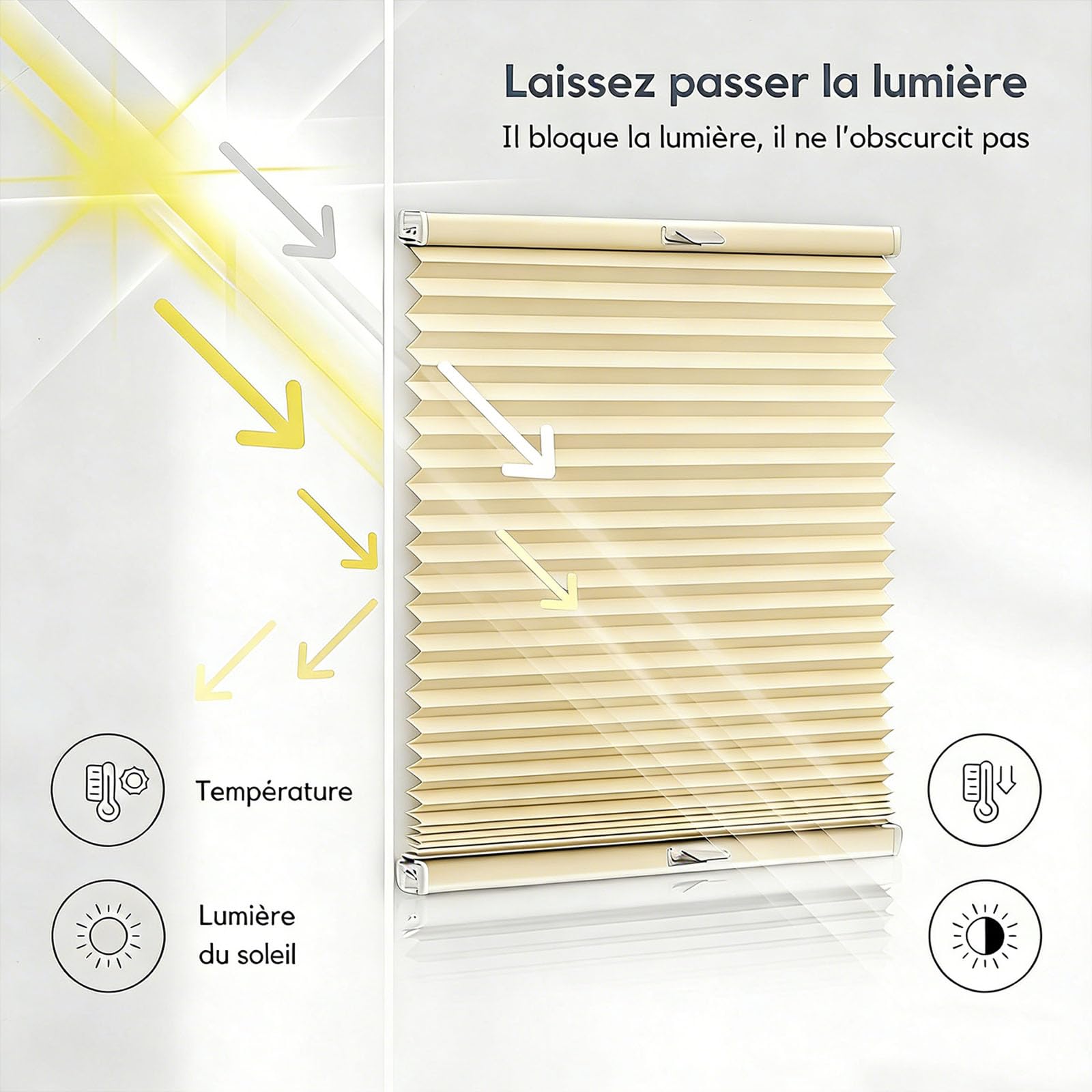 Stores Plissés sur Mesure 115 x 220 cm Protection de Privée, sur Mesure, Semi-Opaque Store Plissé sans Perçage Rideaux Plissés Autocollants pour Fenêtres Portes, Couleur Crème