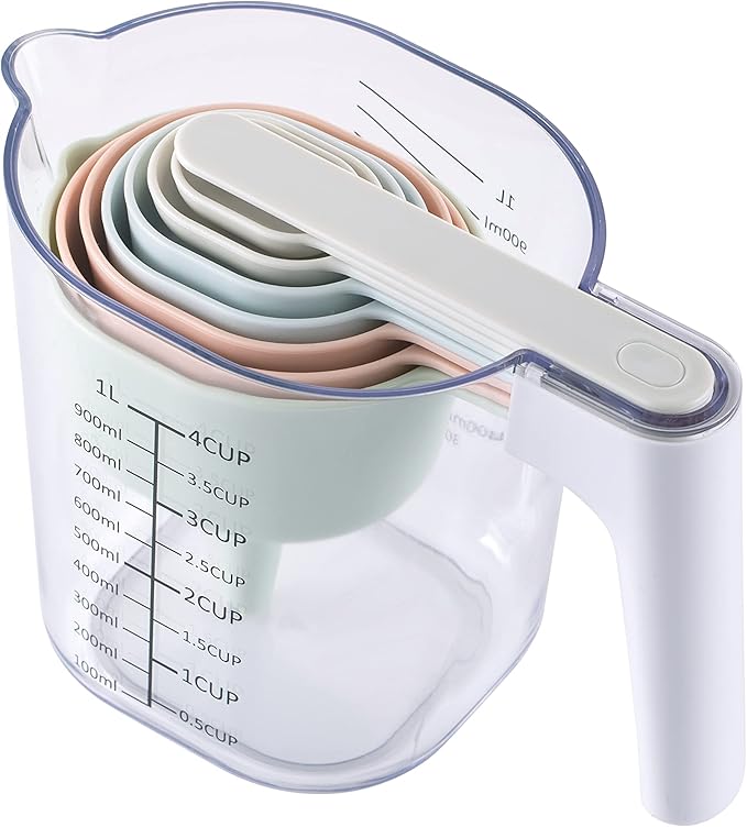 9 PC. Stackable Liquid Measure Cup, Dry Measuring Cups and Spoons with Funnel and Scraper