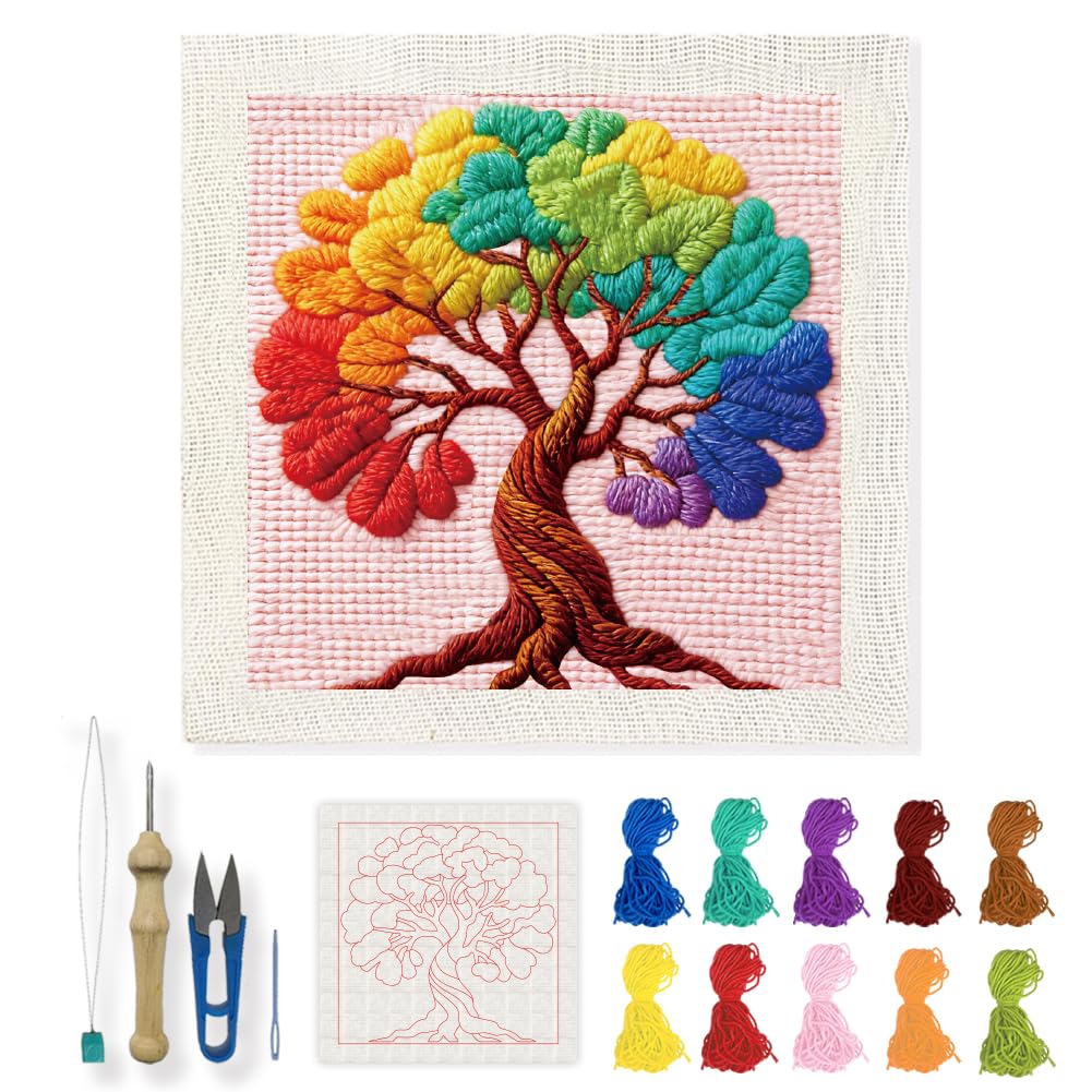 INFUNLY Tree of Life Punch Needle Kit 9.4 x 9.4 Inch Punch Needle Embroidery Kit for Adults Beginner DIY Colorful Tree Needle Point Starter Kit with Pre Printed Cotton Canvas Tools Wall Art Gift โ image 1