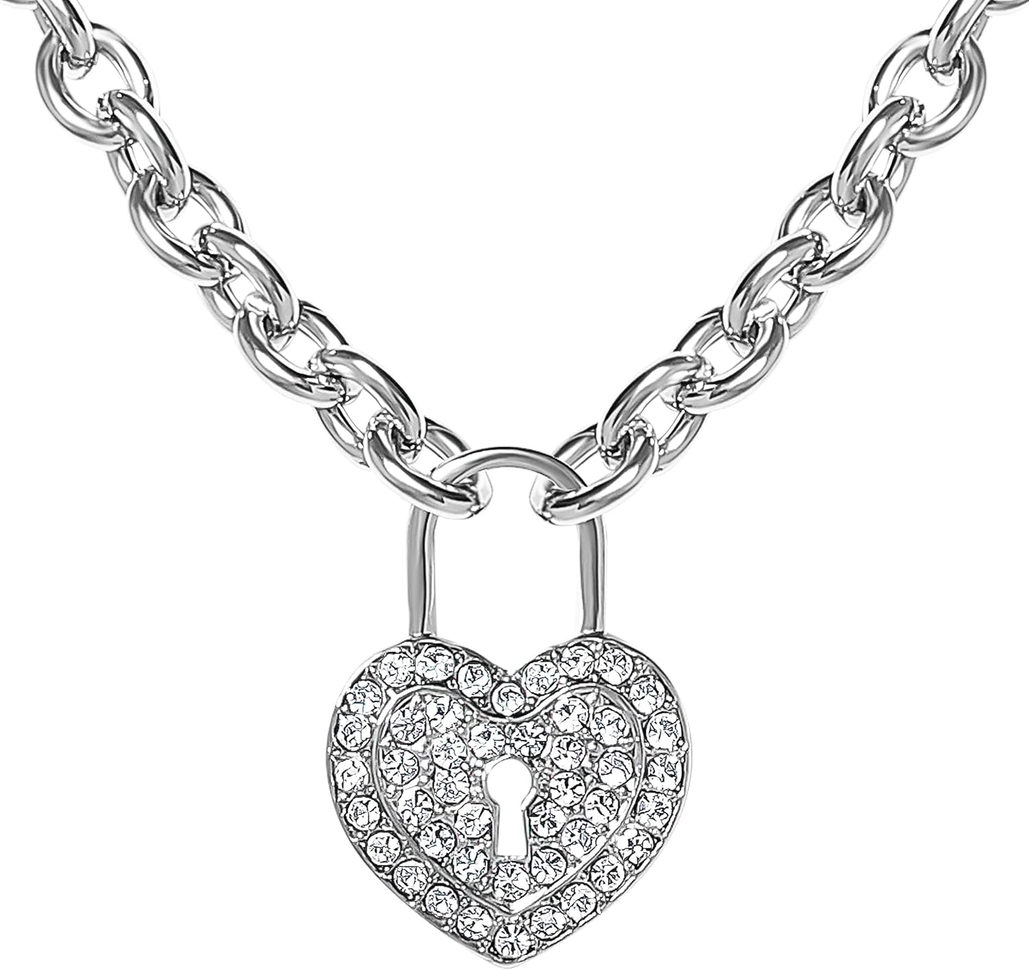 Jessica Simpson Keyhole Heart Necklace with Pave Crystals, 17"+3" Chunky Heart Chain Necklace