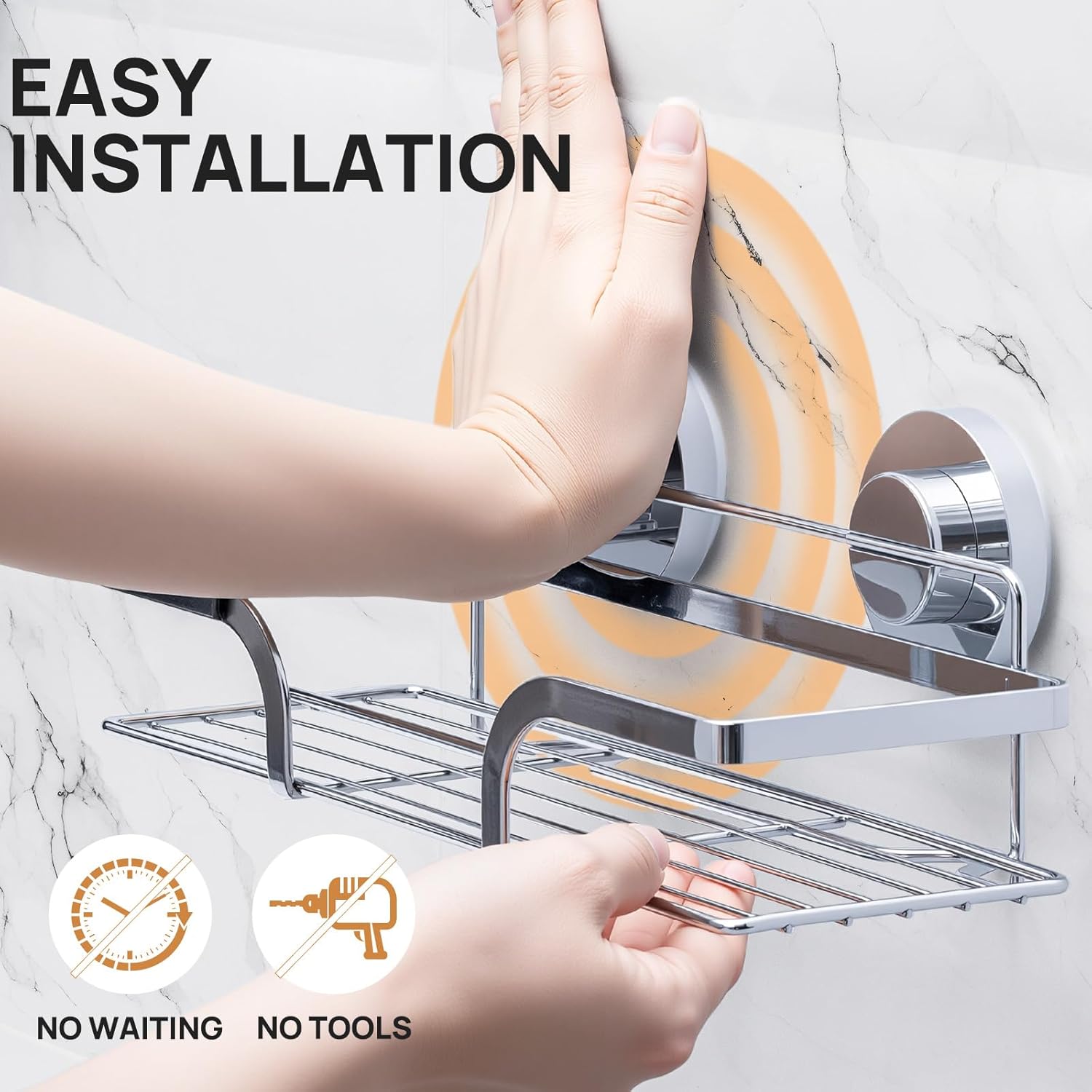 LEVERLOC 2 Pack Shower Caddy Suction Cup, Shower Shelves for Inside, Rustproof Metal Bathroom Storage NO-Drilling Bath Organizer with Large Capacity,Heavy Duty Storage Basket,Home Decor,Silver