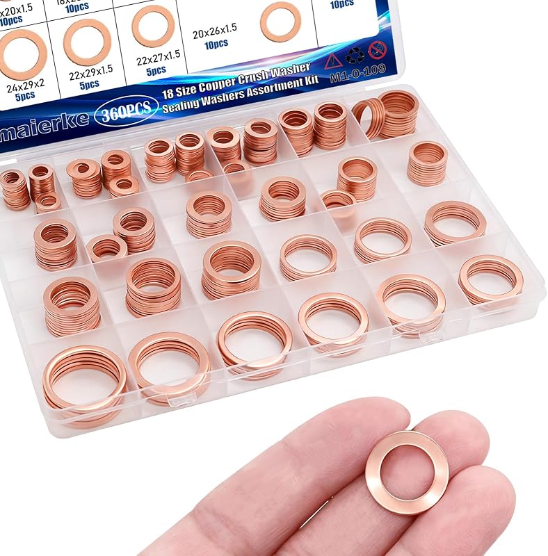 Kit de Arruelas de Cobre para Bujão de Óleo maierke M6 a M24 – 360 unidades em 18 tamanhos