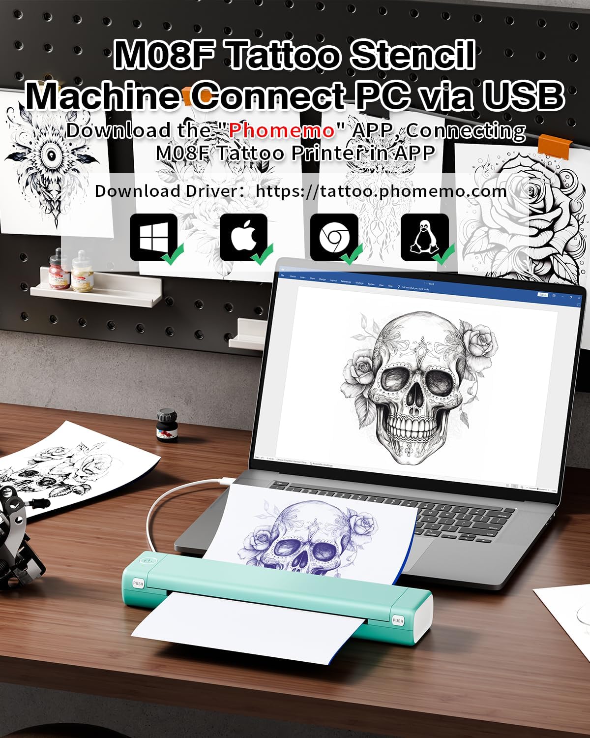 Phomemo M08F Wireless Tattoo Transfer Stencil Printer Green with 45PCS of Tattoo Transfer Paper Compatible wit, Bluetooth Tattoo Printer Compatible with Android, iOS and PC