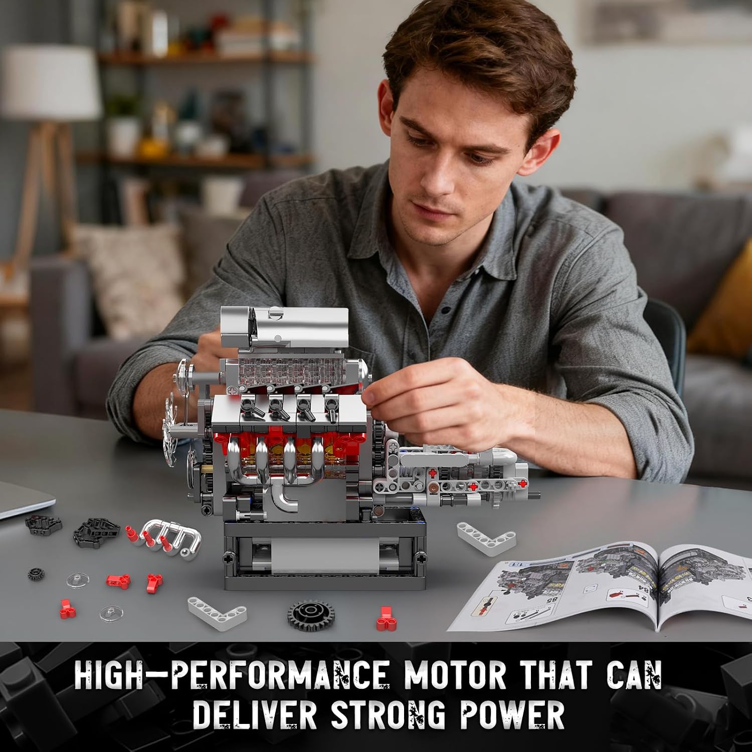 Mould King 10225 V8 Engine Model Kit that Works - Car Engine Building Blocks Kit with Battery, STEM Mechanic Engineering Construction Set, Collection Model Gift for Adults(855 PCS)